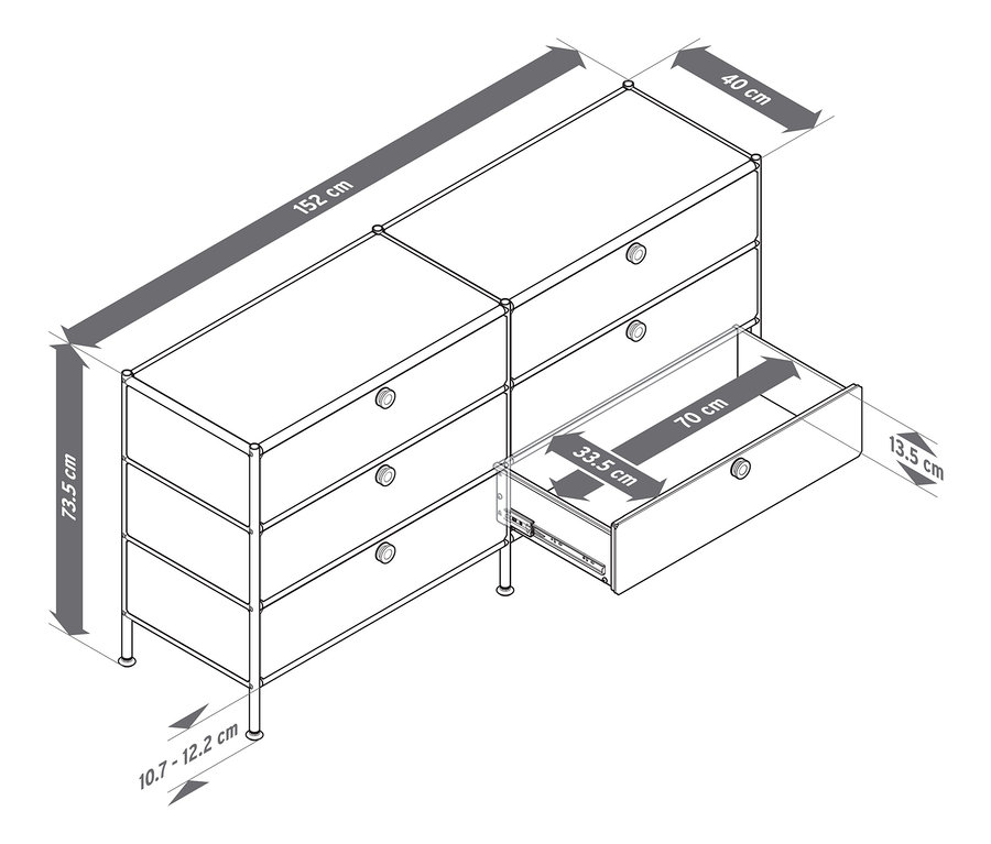 Felülnézet két egymás mellett álló, egyenként 6 fiókos »CN3« fém komódról, melyek közül az egyiknek nyitva van egy fiókja, és a komód méretei láthatók.