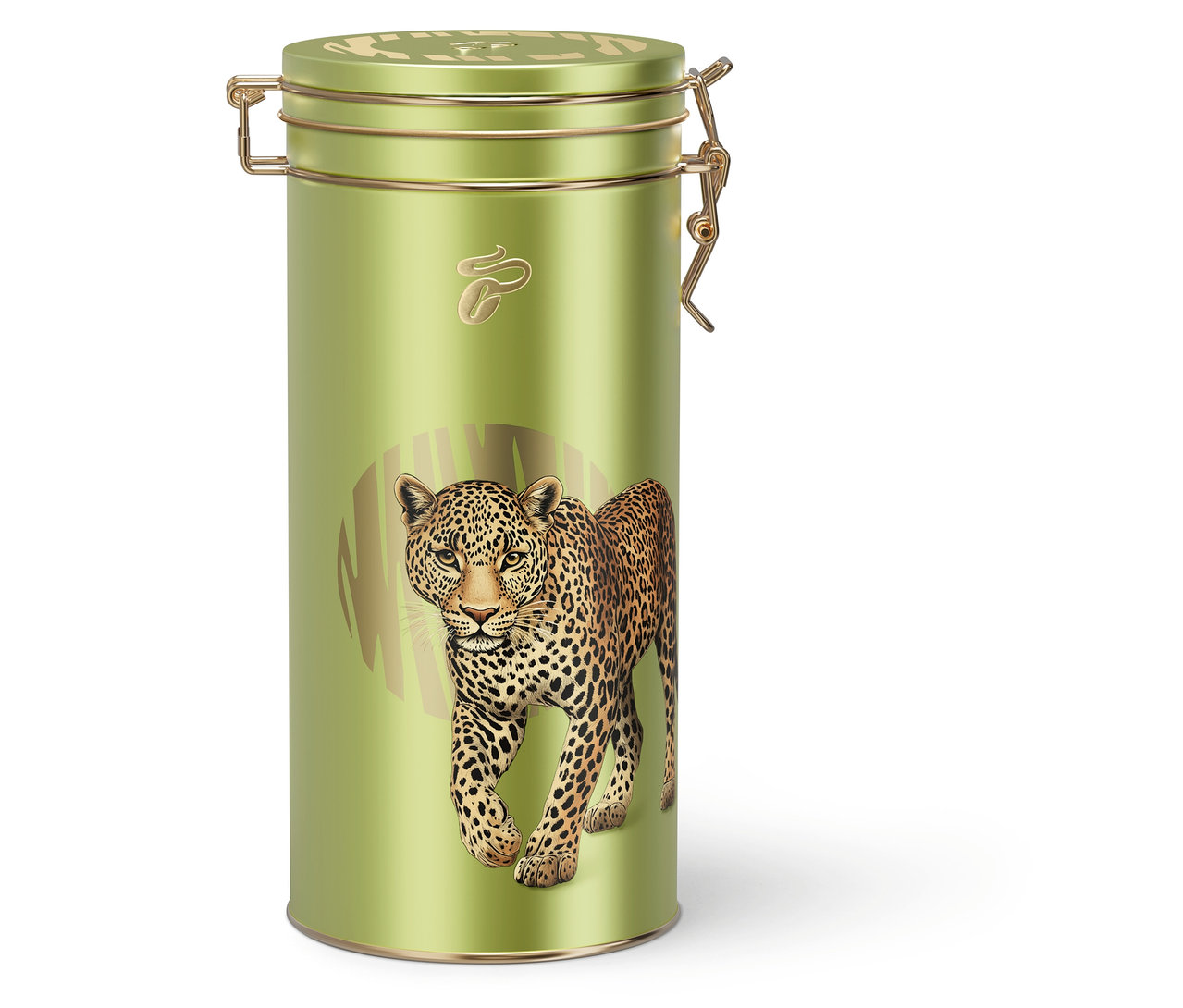 Zöld Rarität »Buramba Rwanda« kávétartó doboz leopárdmintával és arany részletekkel.
