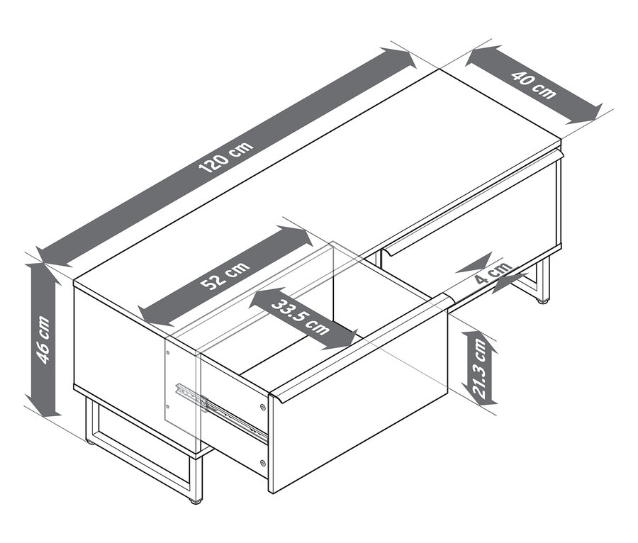 A »LEEG« ülőpad vázlata 2 fiókkal és méretekkel.