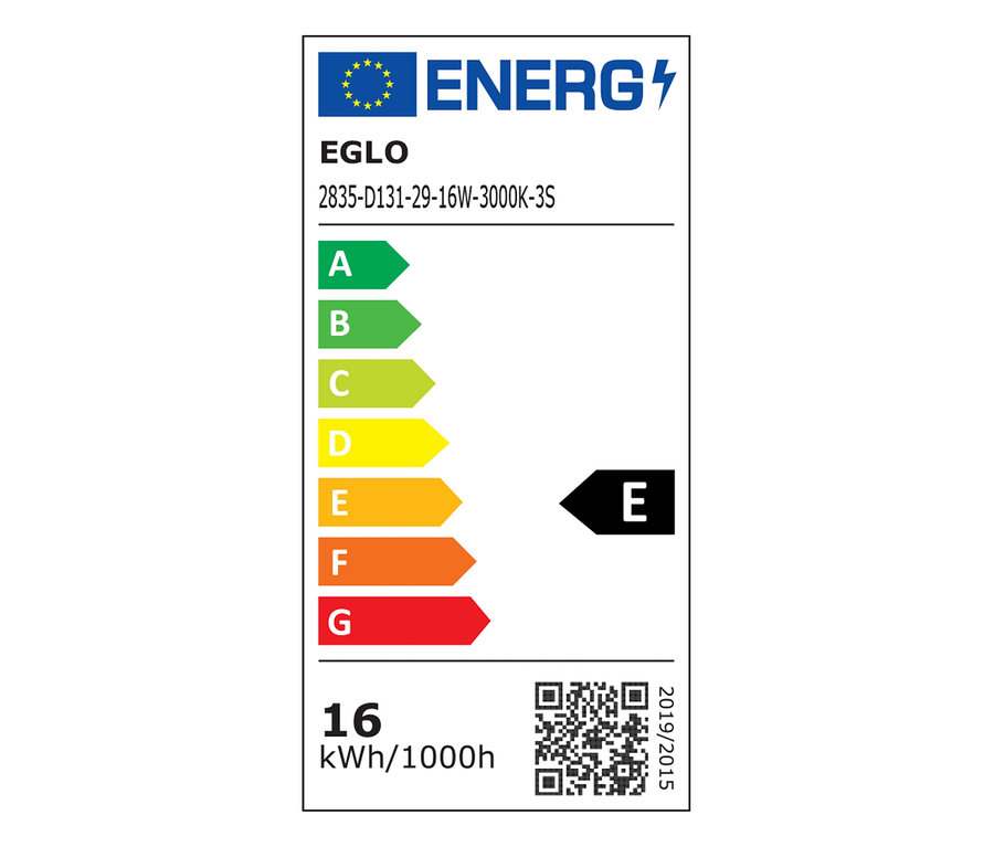 EGLO 2835-D131-29-16W-3000K-3S energia címke, E energiahatékonysági osztállyal.