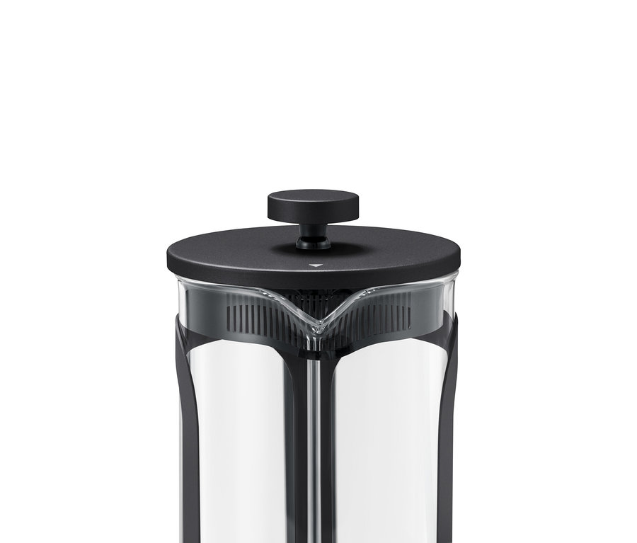 Egy fekete, 800 ml-es dugattyús kávéfőző részlete.