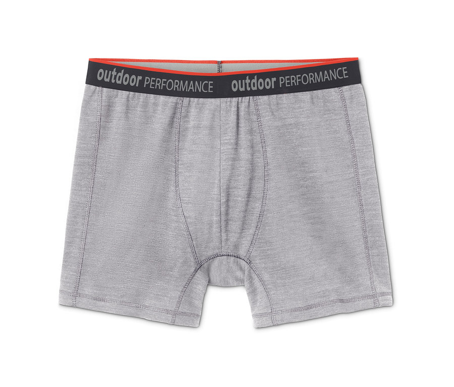 Szürke 2 férfi boxer alsónadrág, merinó szürke, fekete derékpánttal és outdoor performance felirattal.