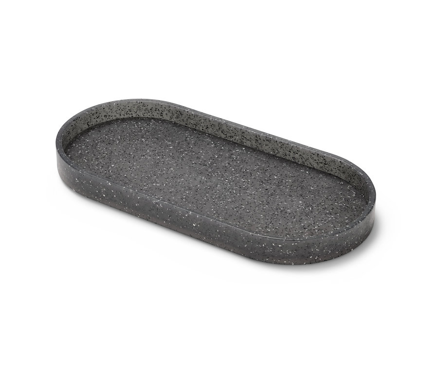 Egy gránithatású, ovális konyhai tárolótálca.