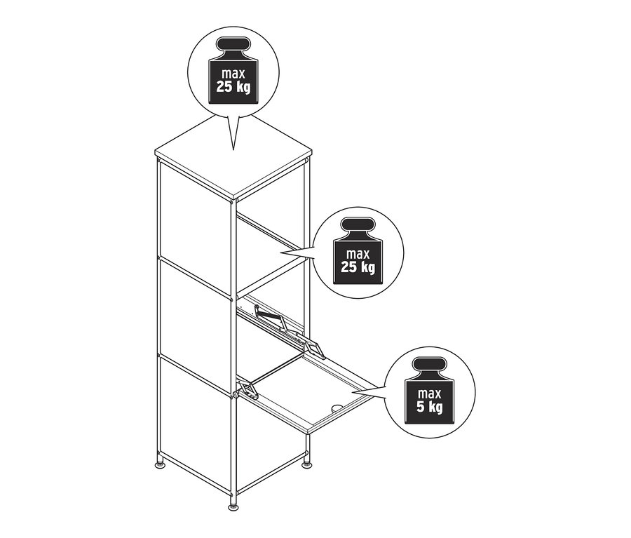 Egy keskeny, fehér fém »CN3« komód rajza fa tetőlappal és 2 lenyíló ajtóval.