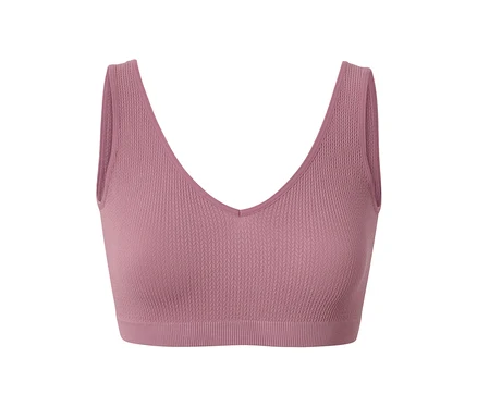 Egy mályva színű női seamless bustier melltartó részletfotója.
