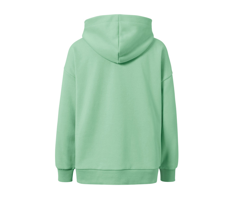 Világoszöld női kapucnis szabadidőfelső.