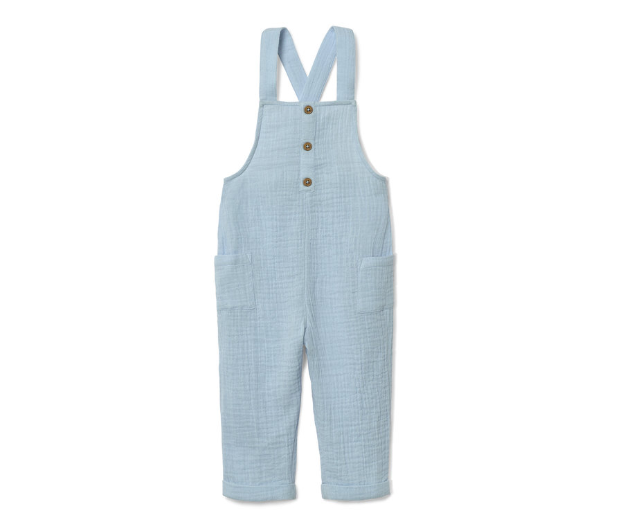 Kék kantáros babanadrág gombokkal és zsebekkel.