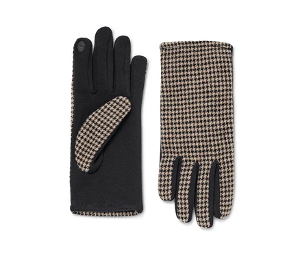 Két kesztyű: egy fekete és egy tyúklábmintás.