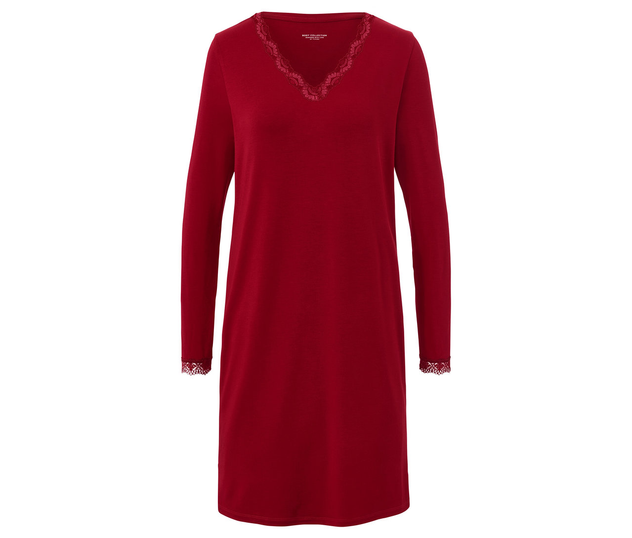 Egy piros, hosszú ujjú hálóing csipkével a nyakánál és a mandzsettáknál.