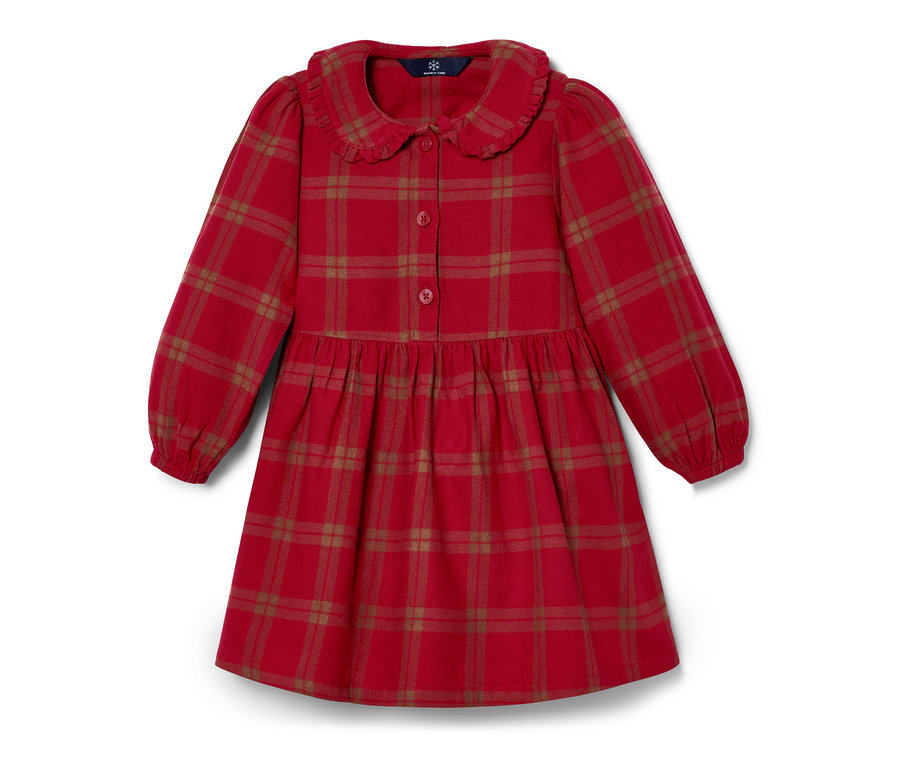 Egy piros kockás kisgyerek szövött ruha, hosszú ujjakkal és gallérral.