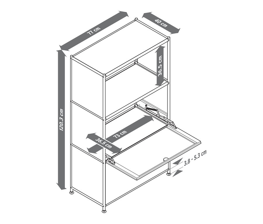Egy fémpolc illusztrációja 2 ajtóval, feltüntetve a méreteket.