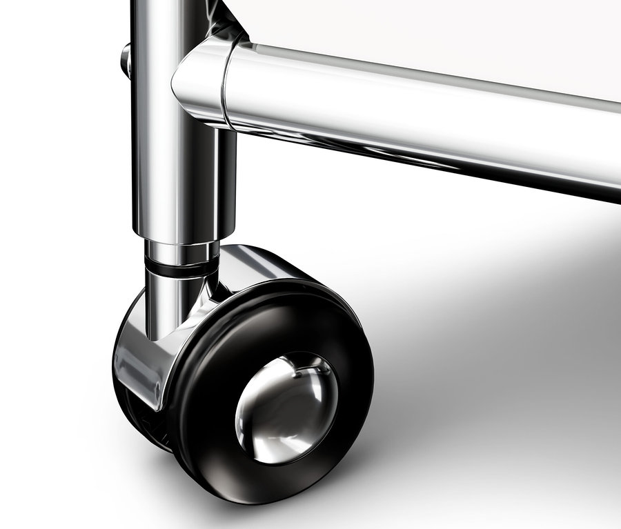 A fehér »CN3« fém kisasztal részlete, görgőkkel.