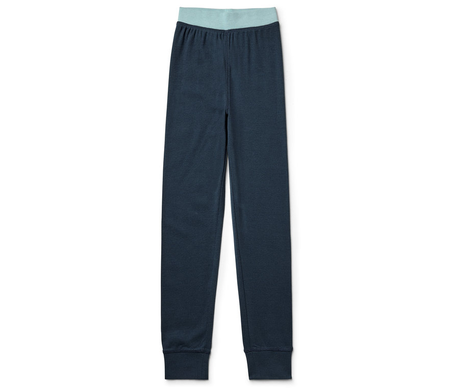 Sötétkék leggings türkizkék derékpánttal, fehér háttéren.