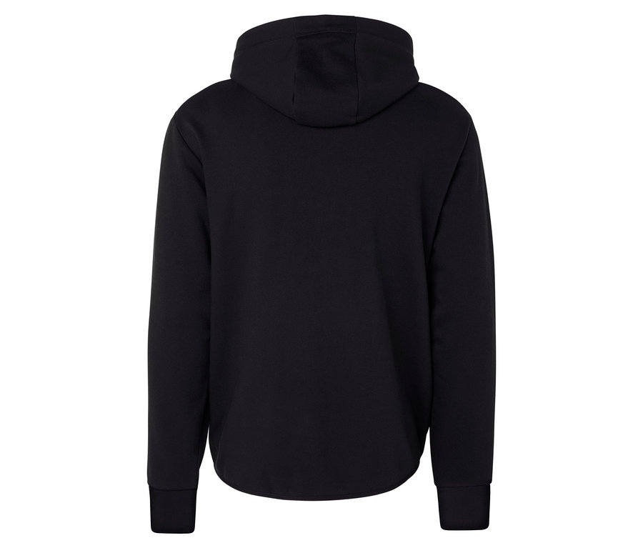 Egy fekete kapucnis pulóver hátulnézete.