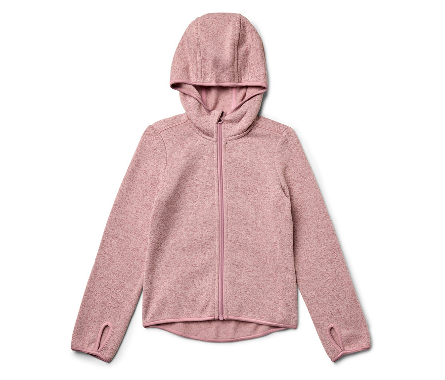 Rózsaszín fleece kapucnis cipzáras pulóver.