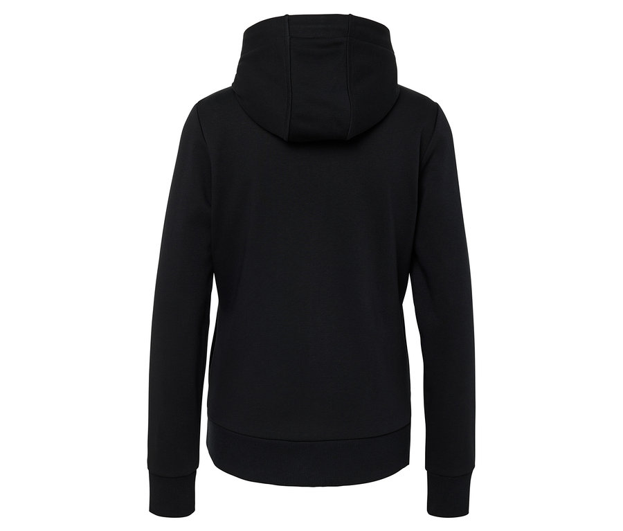 Egy fekete kapucnis pulóver hátulról.