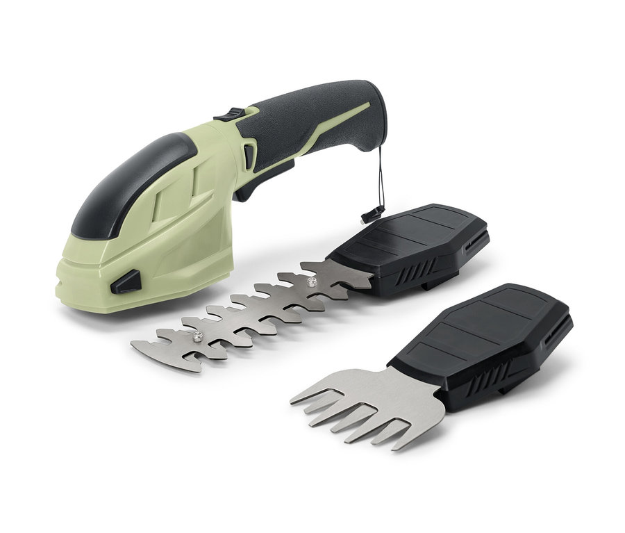 Akkumulátoros kerti olló két tartozékkal.