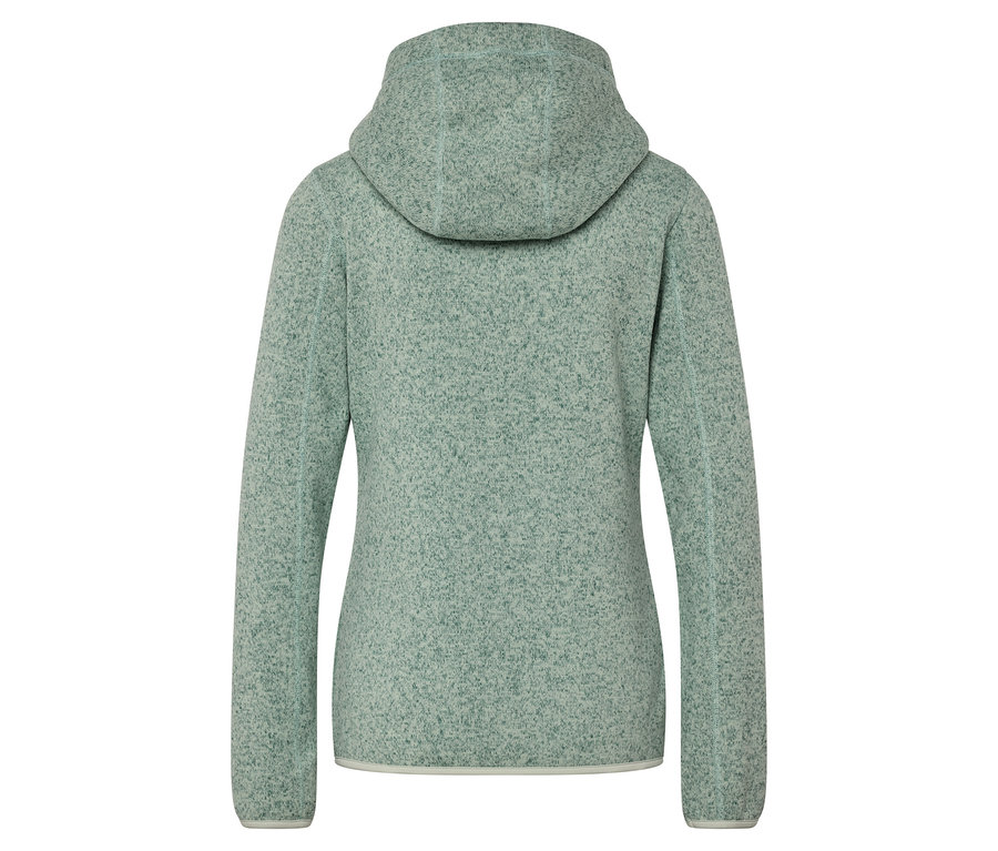 Hátulnézet egy világoszöld polár pulóverről kapucnival.