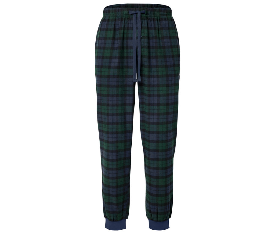 Kockás pizsamanadrág sötétkék húzózsinórral.