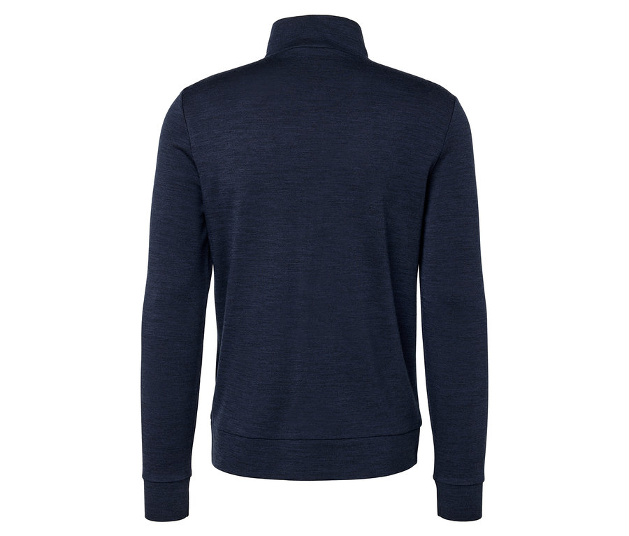 Hátulnézet egy sötétkék cipzáros pulóverről.