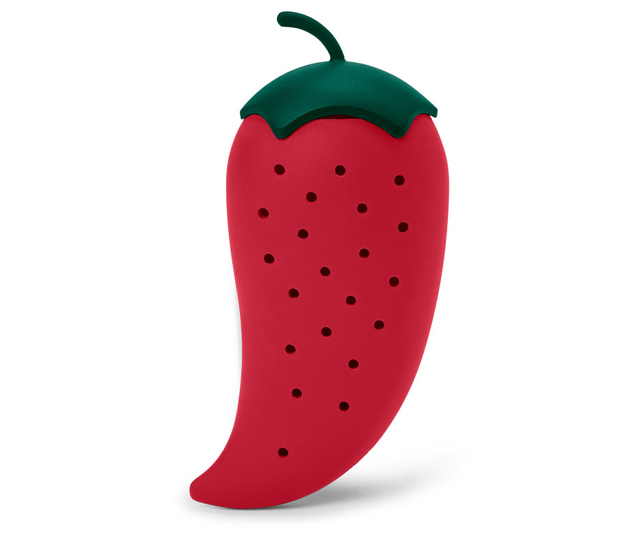 Piros paprika alakú tartály zöld fedővel és lyukakkal.