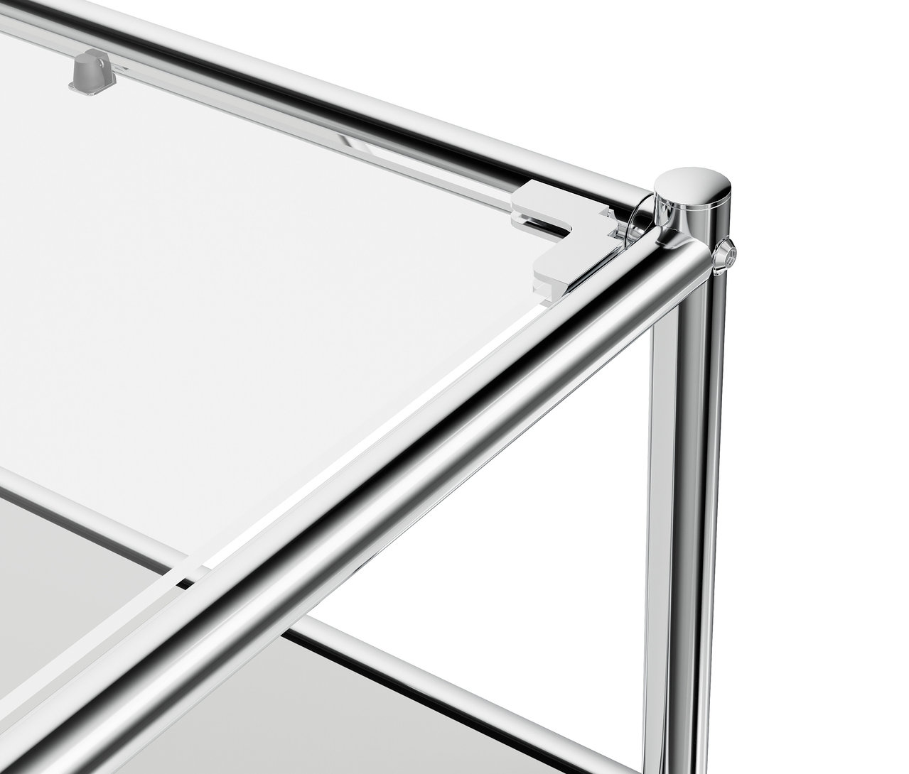 A fehér »CN3« fém alacsony szekrény részlete lenyíló ajtóval és üveglappal.