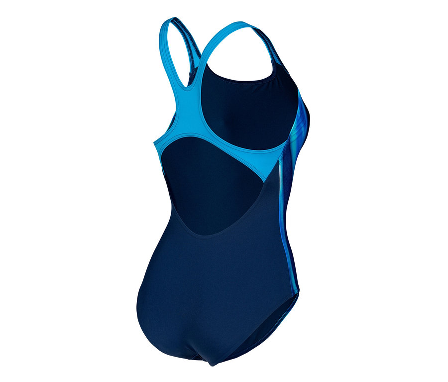 Hátulról látható az arena Performance Two Sides Swim Pro Back női fürdőruha, kék pántokkal és a fürdőruha többi része sötétkék.