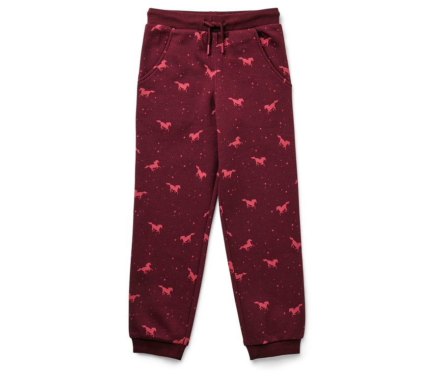 Bordó színű szabadidő nadrág rózsaszín lovakkal és csillagokkal.