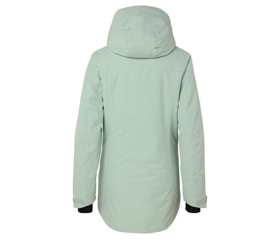 Hátulnézet egy világoszöld, kapucnis kabátról.