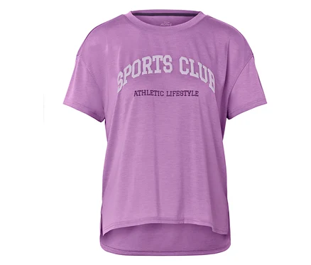 Lila póló SPORTS CLUB ATHLETIC LIFESTYLE felirattal.