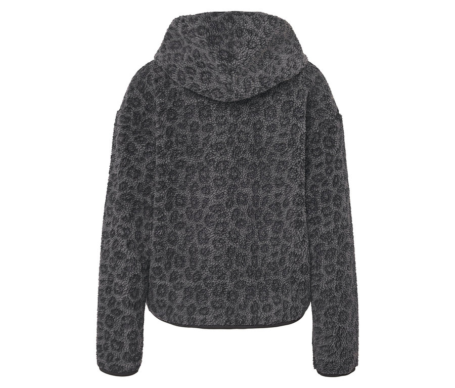 Hátulnézet egy szürke, bozontos, állatmintás kapucnis pulóverről.