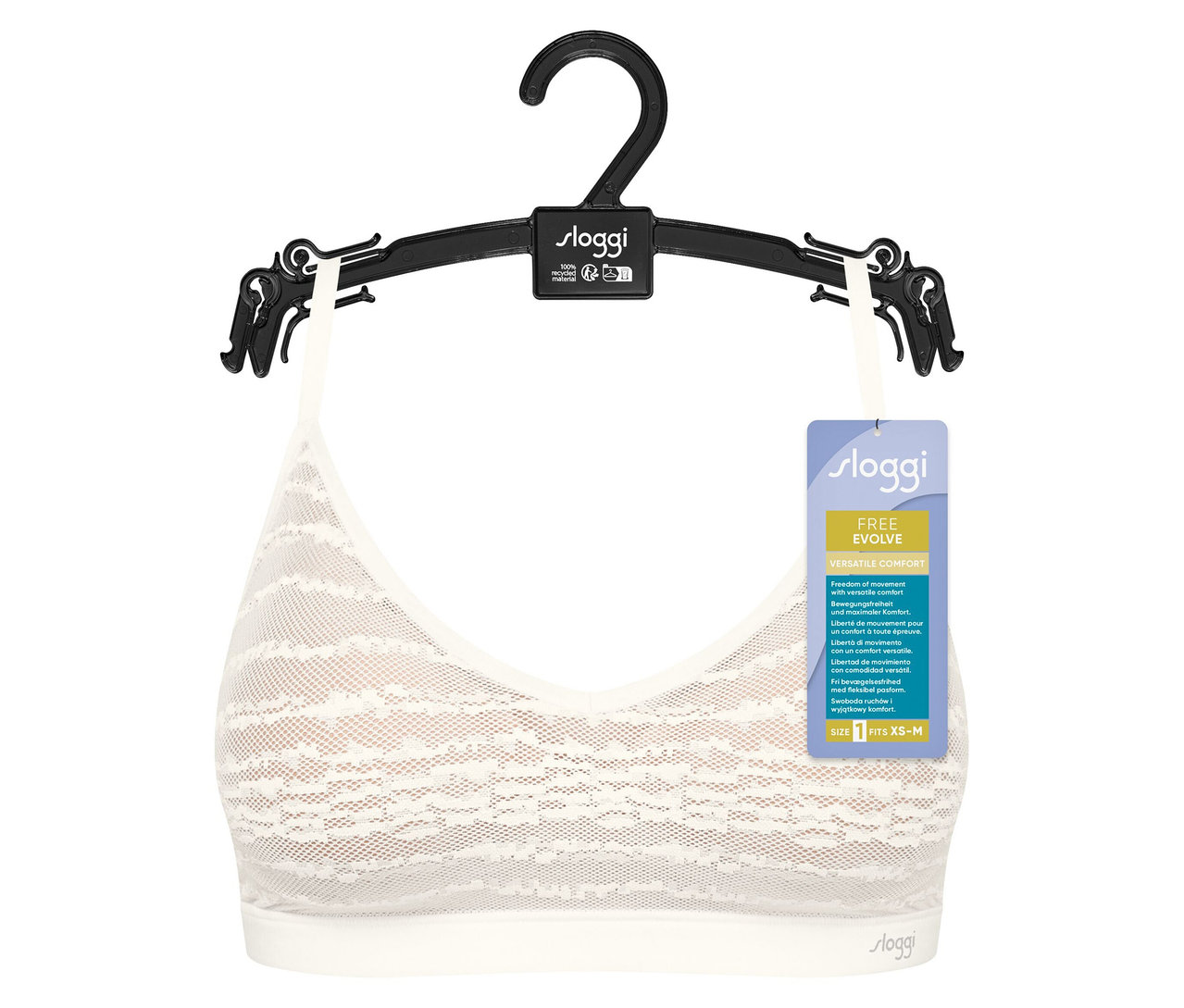 Egy fekete akasztón lógó, fehér Sloggi csipkefelső.