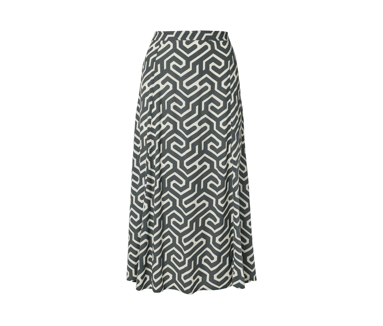 Szürke és fehér geometrikus mintás midi szoknya.