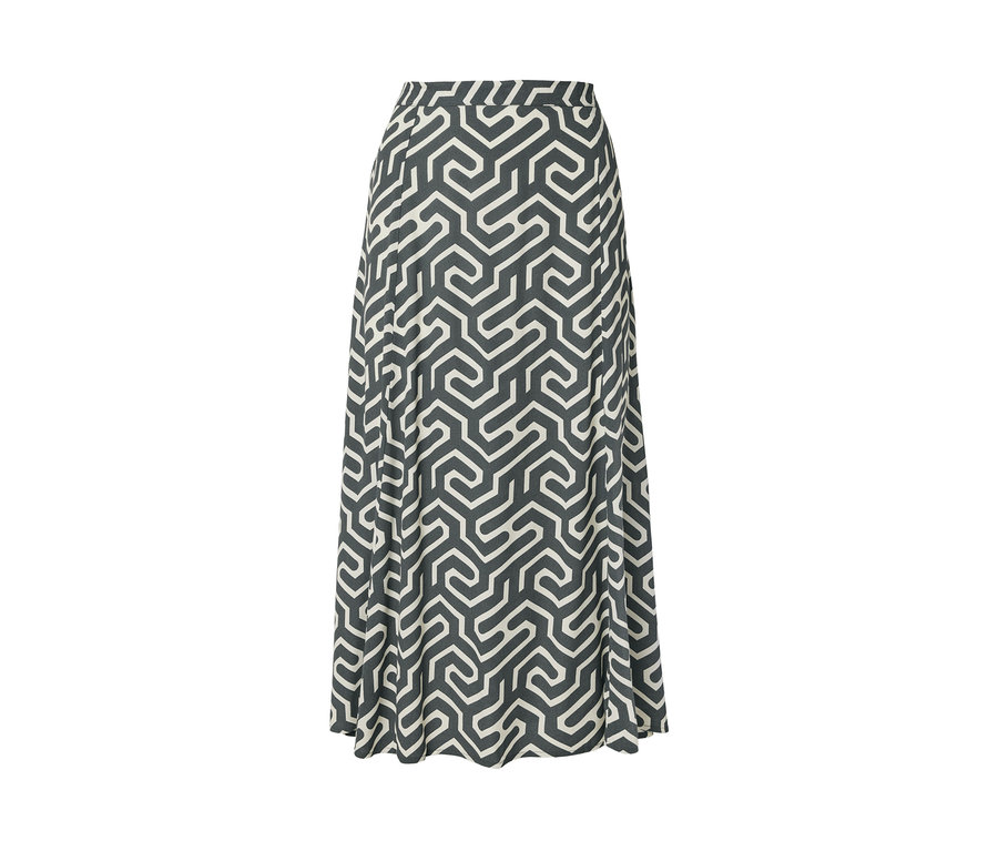 Szürke és fehér geometrikus mintás midi szoknya.