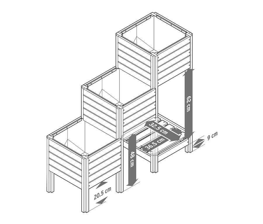 Egy »Tinus« lépcsős ültetőláda polclappal illusztrációja méretekkel.