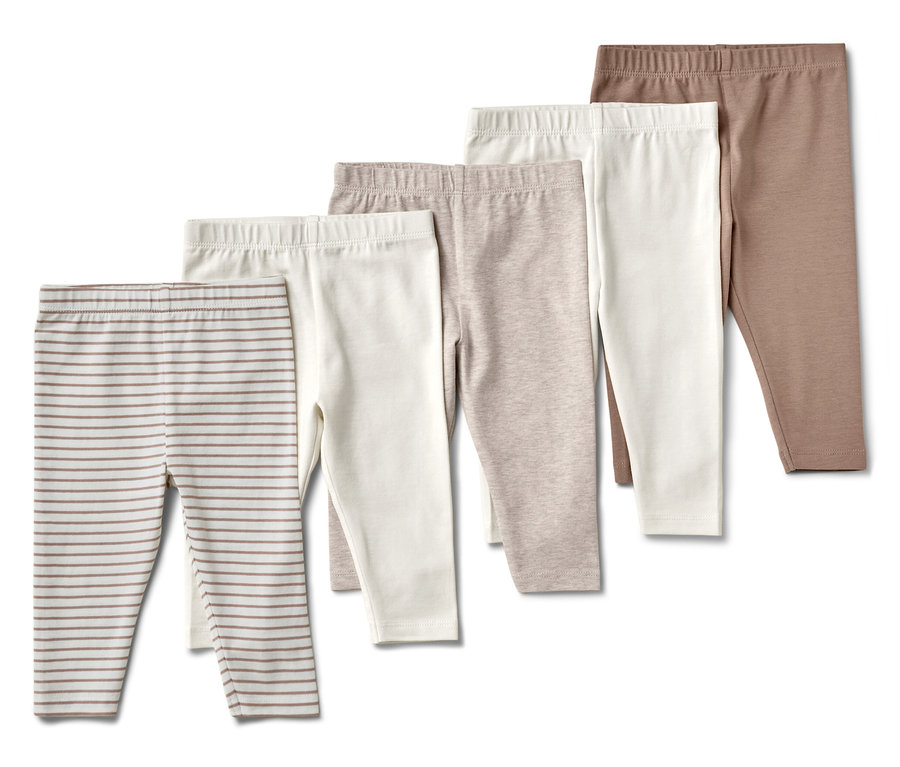 Öt különböző színű és mintájú gyerek leggings.
