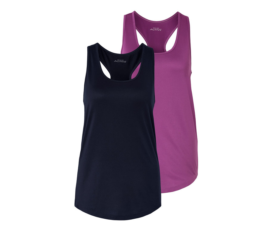 Két funkcionális top, egy lila és egy kék.