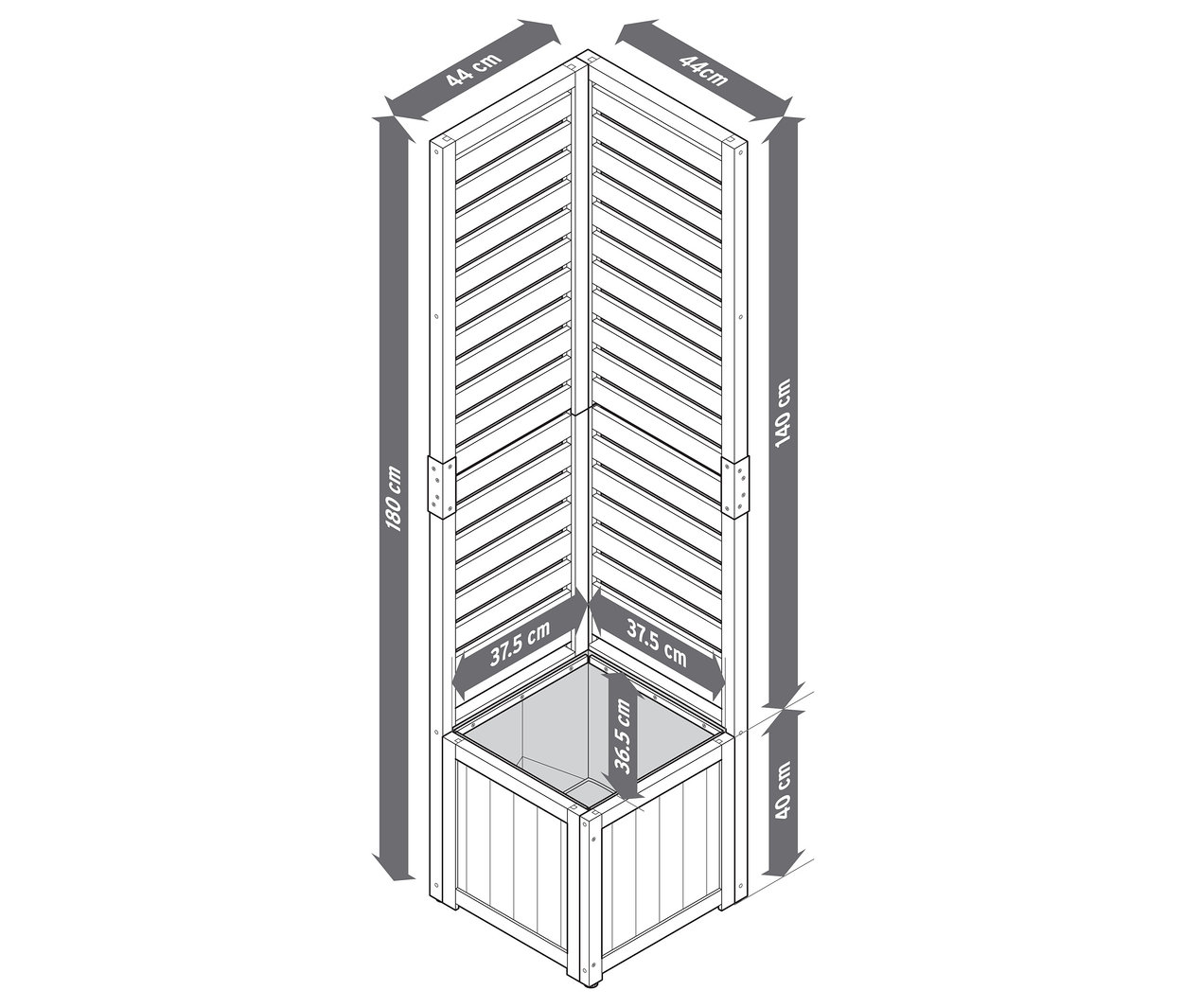 Egy 2 az 1-ben belátásgátló ültetőláda modul sematikus rajza méretekkel.