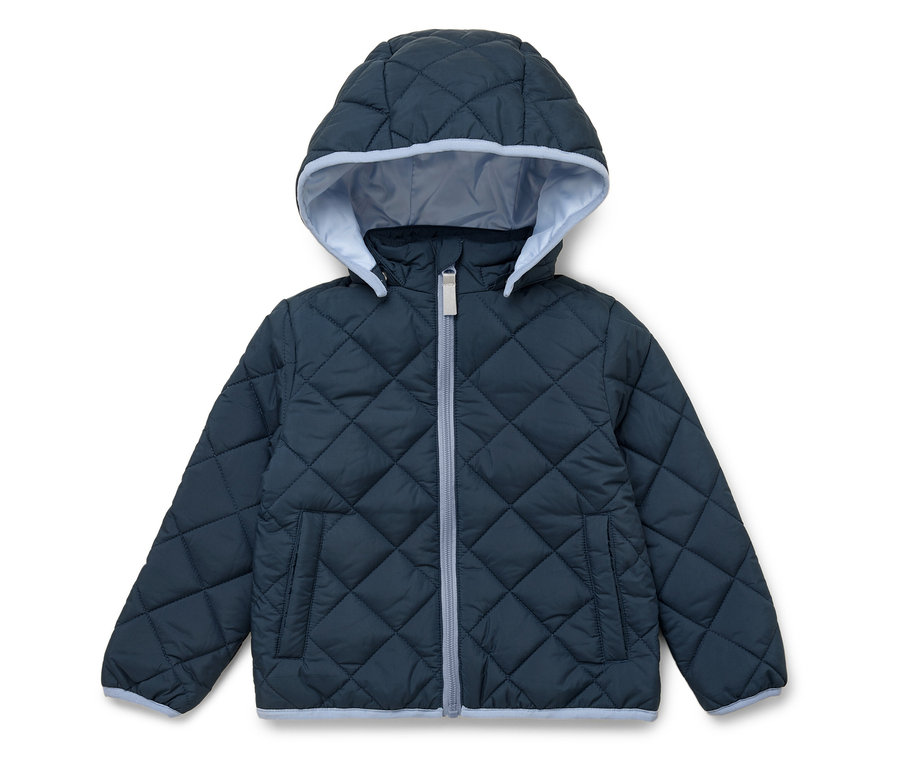 Sötétkék, kapucnis steppelt kabát világoskék béléssel és cipzárral