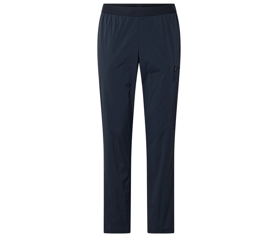 Sötétkék outdoor funkcionális nadrág gumis derékpánttal és cipzáras zsebbel.