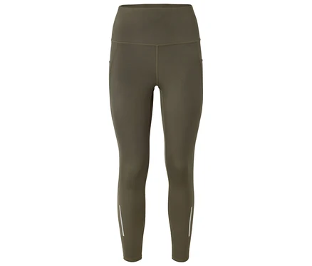 Olívazöld, magas derekú leggings fényvisszaverő csíkokkal a szár alsó részén.