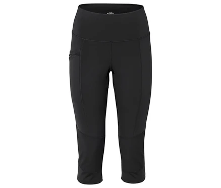 Fekete, térdig érő leggings magas derékkal és zsebbel a bal oldalon.