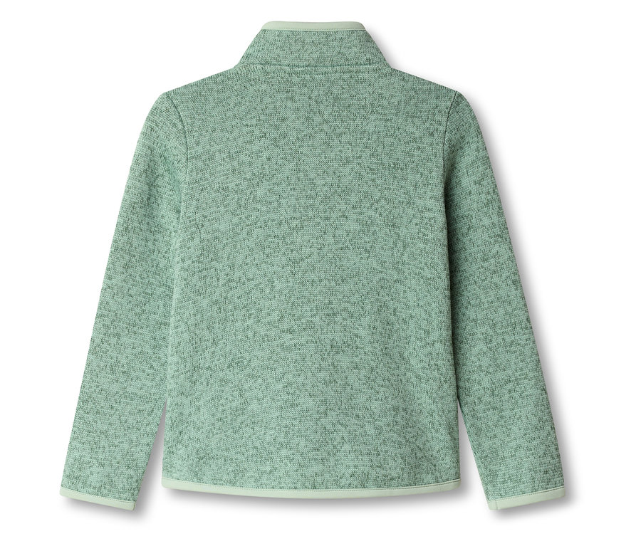 Világoszöld gyapjú pulóver cipzárral a gallérnál, hátulnézet.