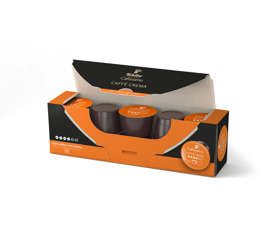 Egy csomag Cafissimo Caffè Crema kávékapszula látható.