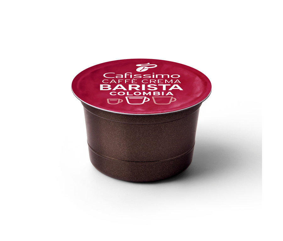 Sötétbarna Caffè Crema Colombia kapszula piros fedéllel és fehér „Cafissimo CAFFÈ CREMA BARISTA COLOMBIA” felirattal.