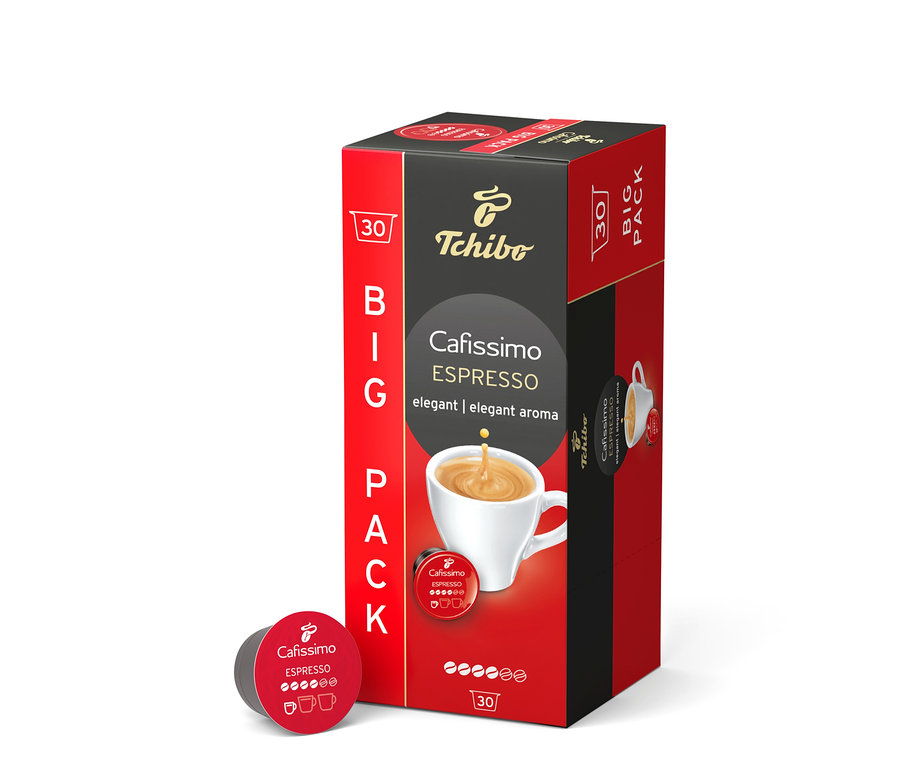 Piros és fekete Big Pack Cafissimo Espresso kávékapszula csomag 30 darabbal, mellette egy különálló piros kapszula.