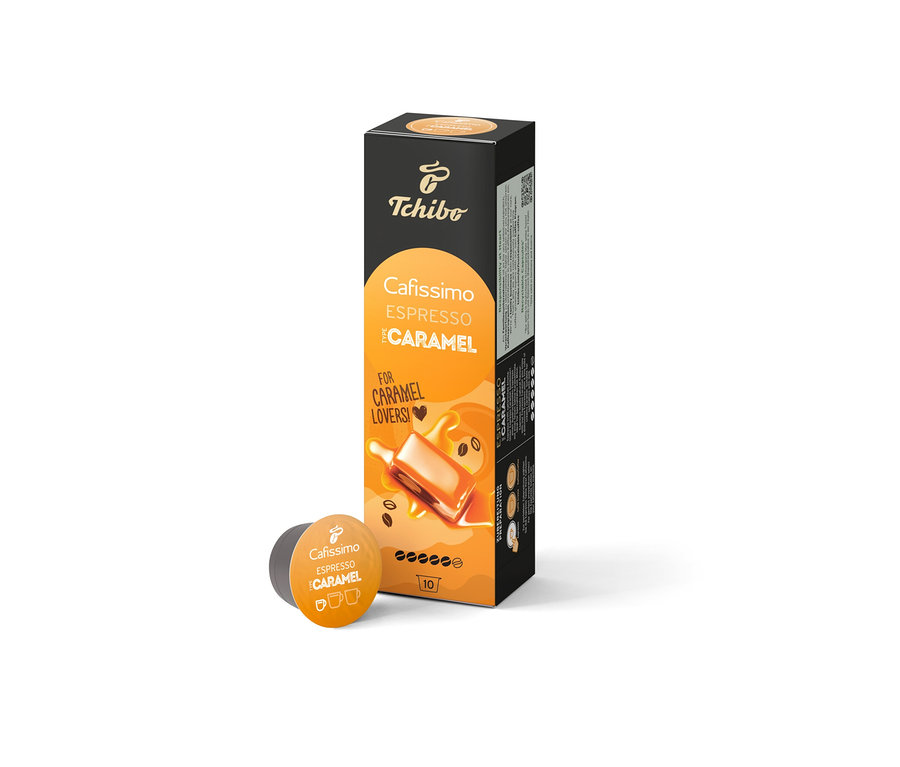 Egy csomag és egy kapszula Cafissimo Flavoured Edition – Espresso Caramel tíz kapszulával.