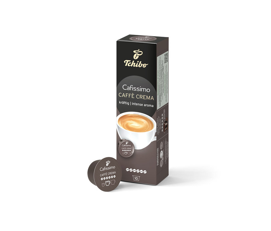 Egy Caffè Crema Intense - 10 db-os kávékapszula csomag egyetlen kapszula mellett. A csomagoláson egy csésze kávé látható.