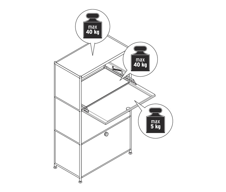 Egy fémpolc rajza 3 lenyíló ajtóval, a felső kettő 40 kg, az alsó 5 kg teherbírású.