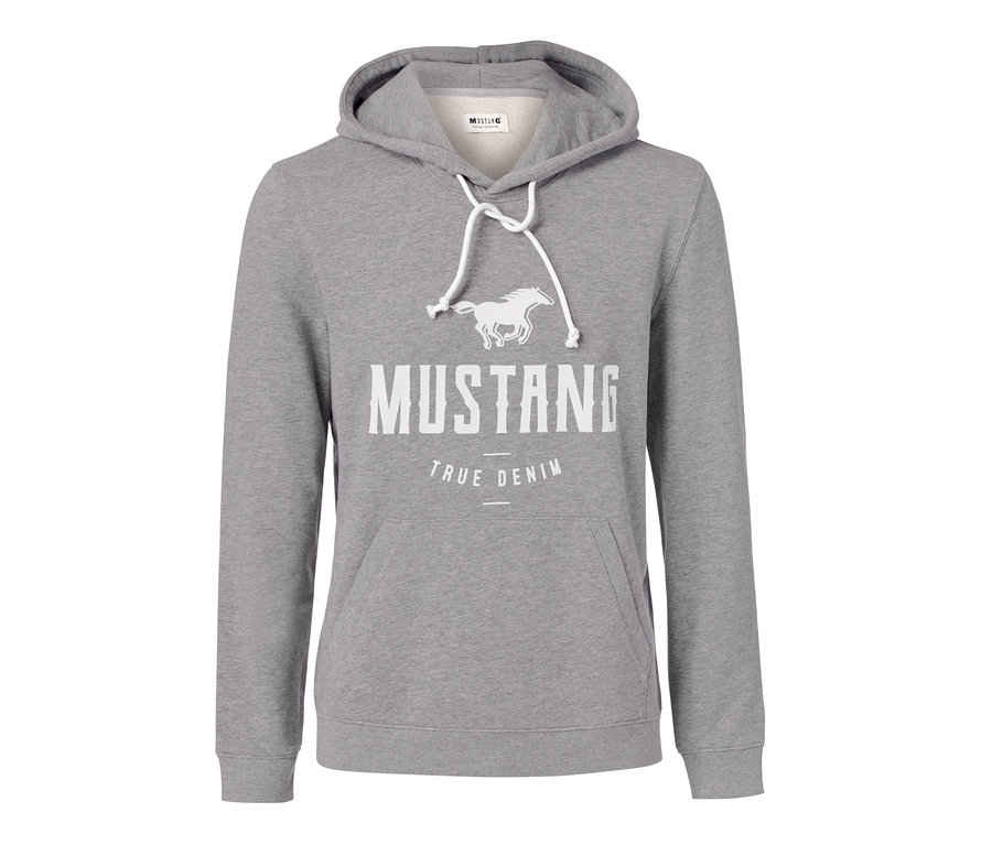 Szürke Mustang kapucnis pulóver fehér ló logóval és felirattal.